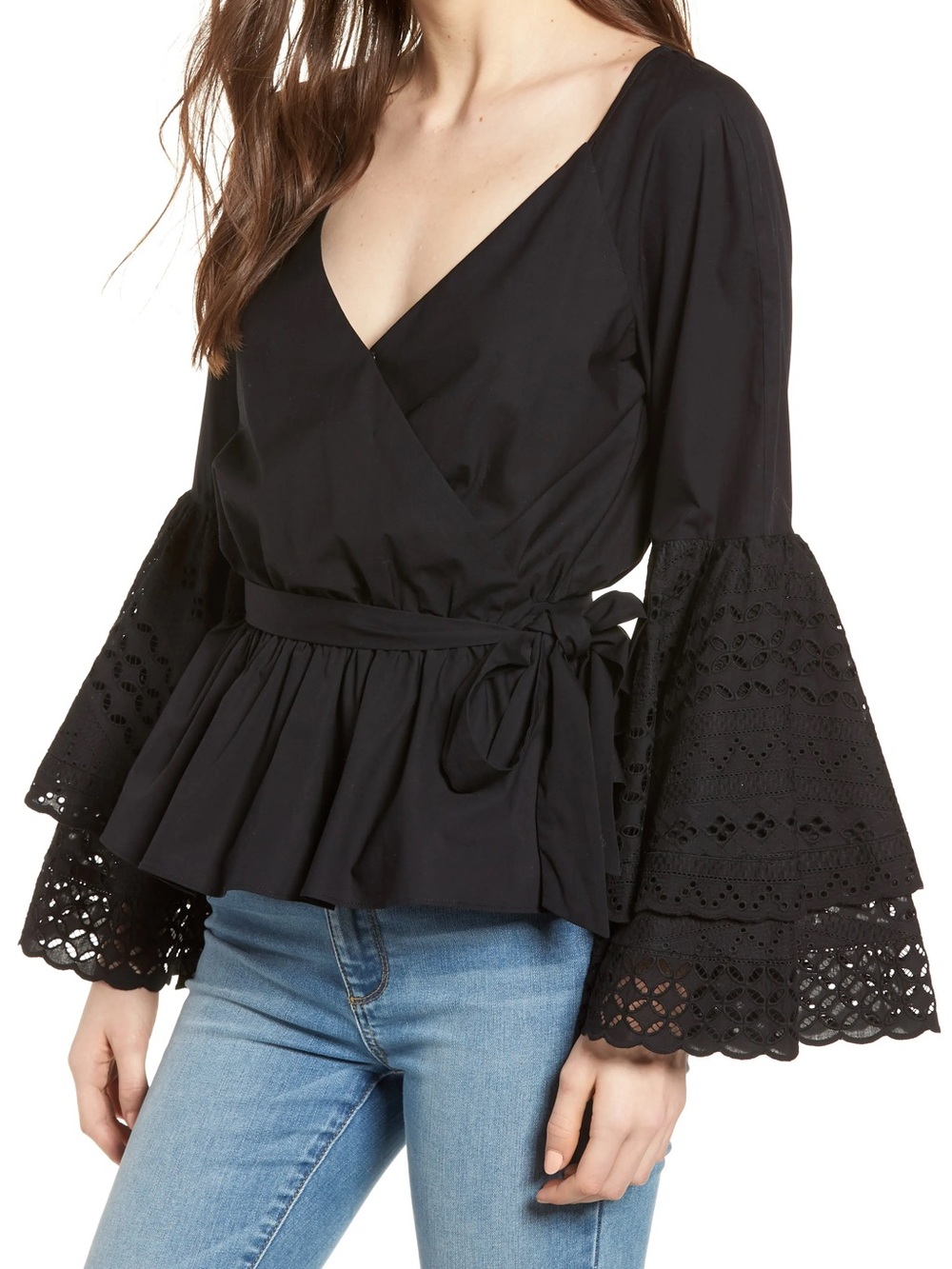 Rebecca Minkoff Black Eyelet Bell-Sleeve Wrap Blouse